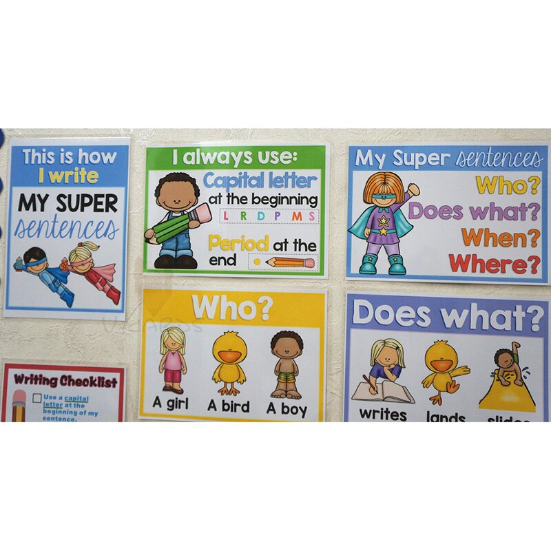 8pcs A4 Size Educational Posters How I Write Poster English Flash Cards Sentence For Kids Classroom Decoration Wall Sticker