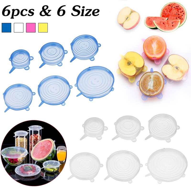6pc universal silicon stretch lids Reusable lid Silicone food wrap bowl pot lid pan cooking Kitchen Cook Stopper Silicone Cover
