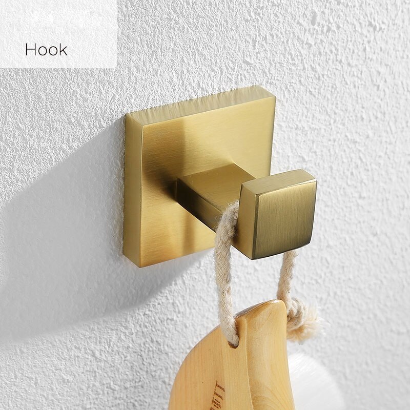 Juego de accesorios dorados para baño Barra de toallas de acero inoxidable 304, soporte de papel higiénico, estante para toallas, gancho, jabonera, cepillo para inodoro: hook