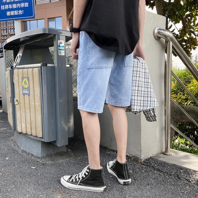 Pantalones cortos de mezclilla regulares, pantalones cortos de verano informales con cremallera a media cintura para hombres, pantalones cortos de mezclilla sólidos, ropa masculina