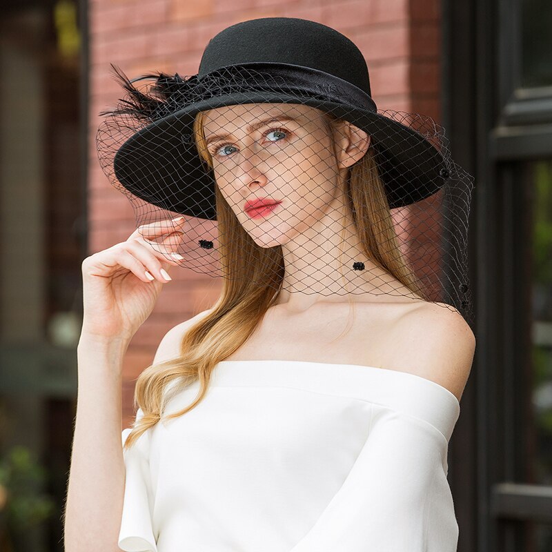 Lady Fedoras Hat Girls Wide Brim Wool Veil Hats Dome Party Cap Woolen Hats Hat Adjust A10