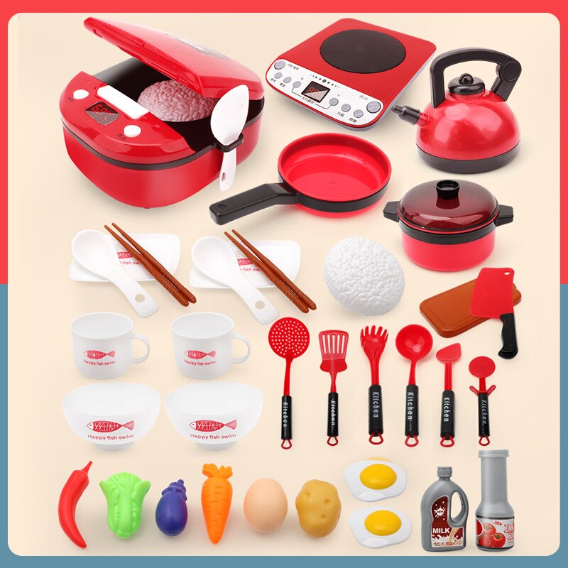 Children Play House Kitchen Toys Simulation Kitchenware Early Education Learning Kit Girl Cooking Rice Cooker Toy Kid's Kitchen: red 39