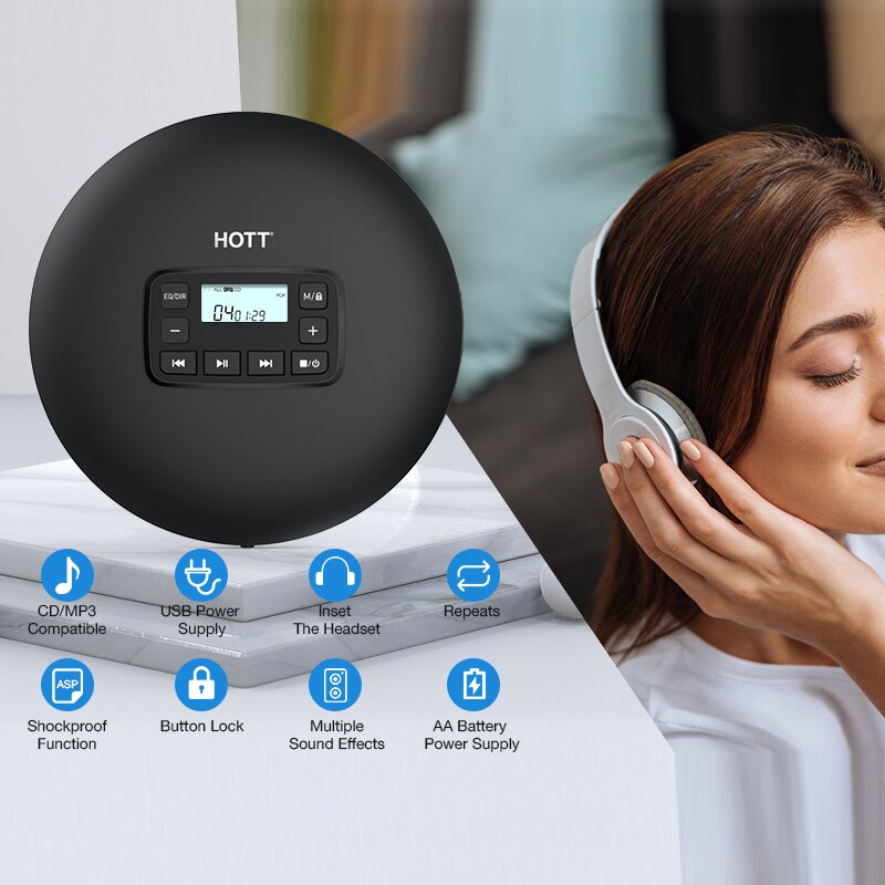 Cuffie Walkman CD portatili stile rotondo con altoparlanti lettore musicale CD musica HiFi schermo portato con cavo AUX supporto TF carta