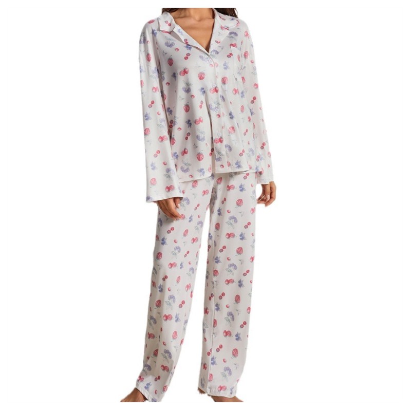 Dame afslappet gul pyjamassæt langærmet knaplukning skjortelomme blomsterprint frugtprint løse vide ben bukser pyjamas s-xxl