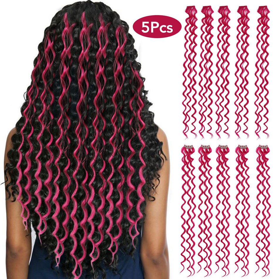 MEEPO pelo sintético con pinza en extensiones de cabello de una pieza oscuro largo onda color destacar de la extensión del pelo para mujeres 5 unids/set: Light Red