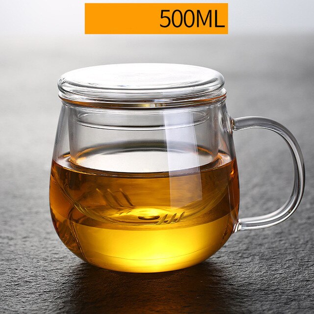 Transparent Glass Tea Cups Household Flower Teacups with Lid and Filter Heat Resistant Water Mug Office Drinkware: 500ml E