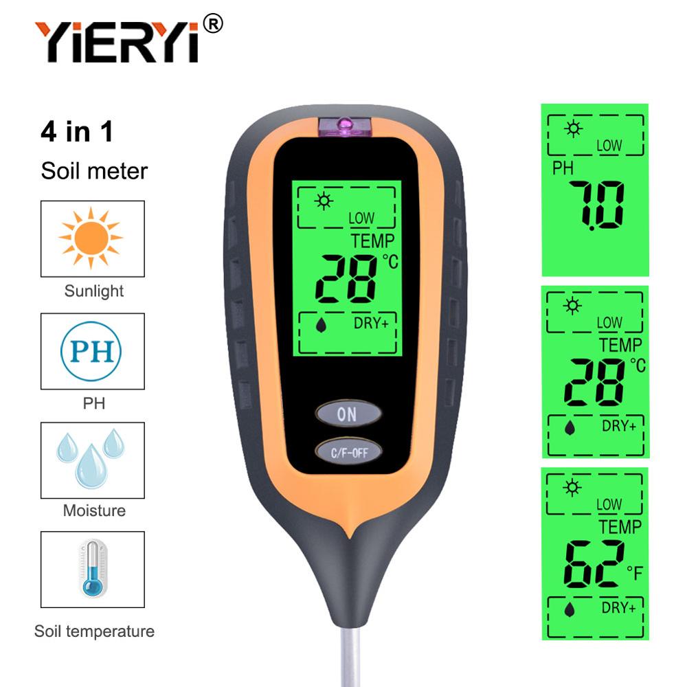 4 IN 1 Digital Soil Moisture Meter PH Meter Temperature Sunlight Tester for Garden Farm Lawn Plant with LCD Displayer