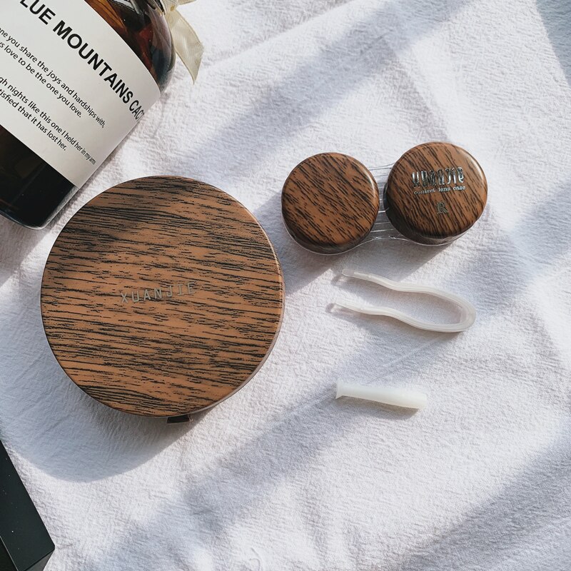Natural series Round contact lens case with mirror storage box Lens container Imitation wood grainEye contacts case: Brown