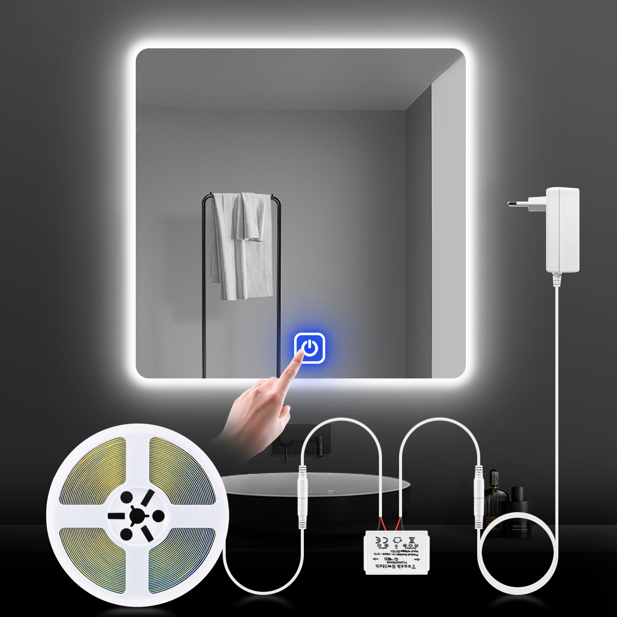 Tira de luces LED para espejo de maquillaje de baño, iluminación de fondo para tocador de 12V, Sensor táctil regulable, luz LED de tocador para decoración