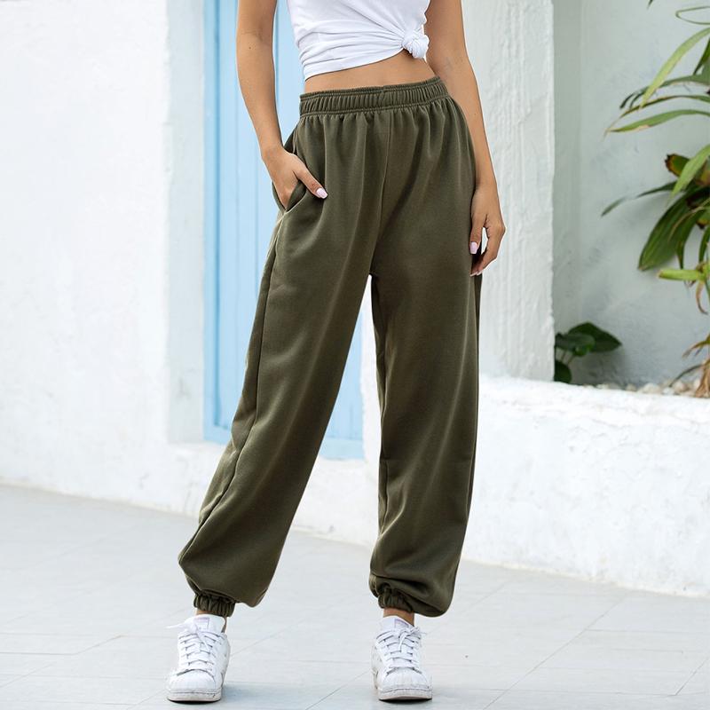 Plissee Elastische Hohe Taille Schlauch Jogger Frauen Taschen Einfarbig lässig ausgebeult Jogginghose Harajuku Laufsport Schlauch: Armee Grün / XL