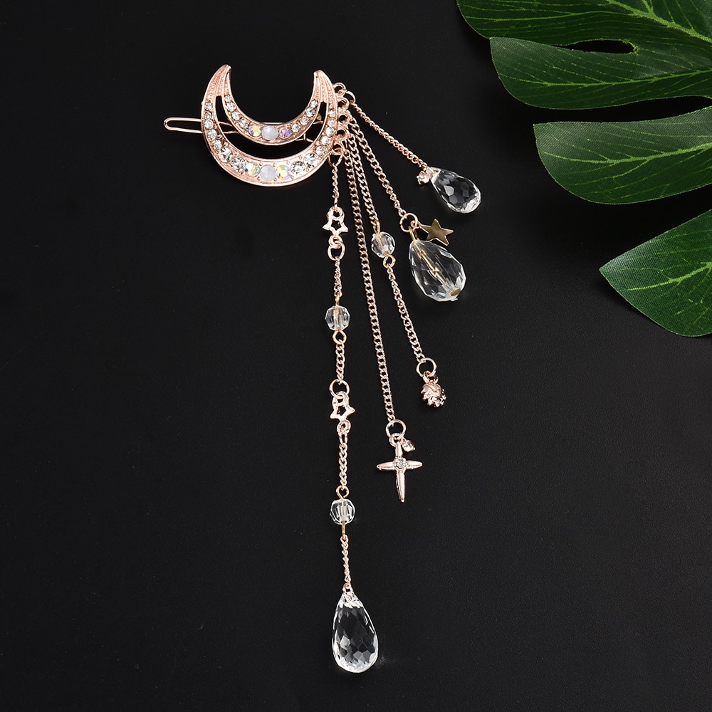 Classic Moon Crystal Rhinestone Beads Dangle Fringe Hair Clip Hair Accessories Women Bridal Jewelry decoration headpiece