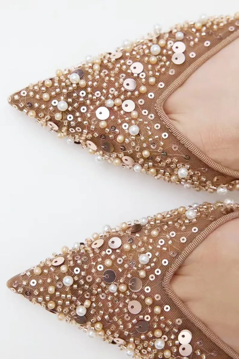 Bling snöre pärlnät andningsbara klacksandaler dam sexiga spetsig tå lyxiga dampumps slingbacks höga klackar