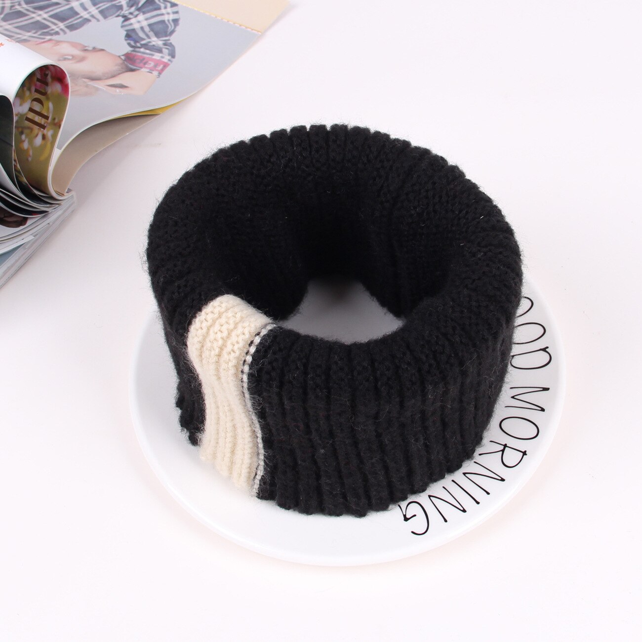 Gebreide halssjaal meisjes dikke warmere fleece binnenkant winter effen snood sjaal wol elastische kinderen kraag ring sjaals: Zwart