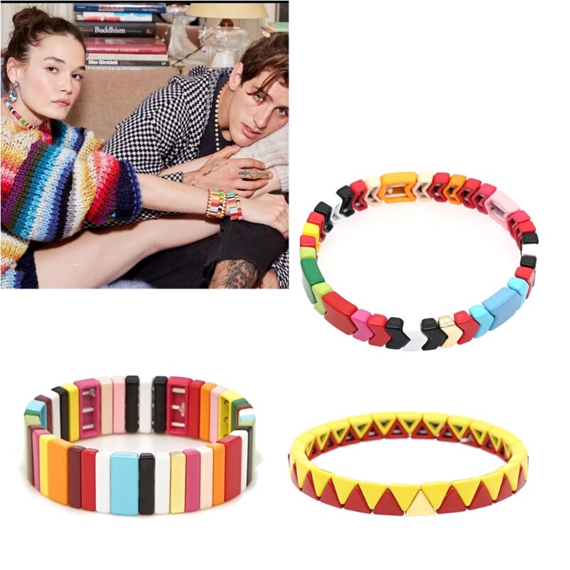 Boheemse elastische stretch kleurrijke tegel emaille rechthoekige armband stapelbare emaille regenboog bedel bangle armband sieraden