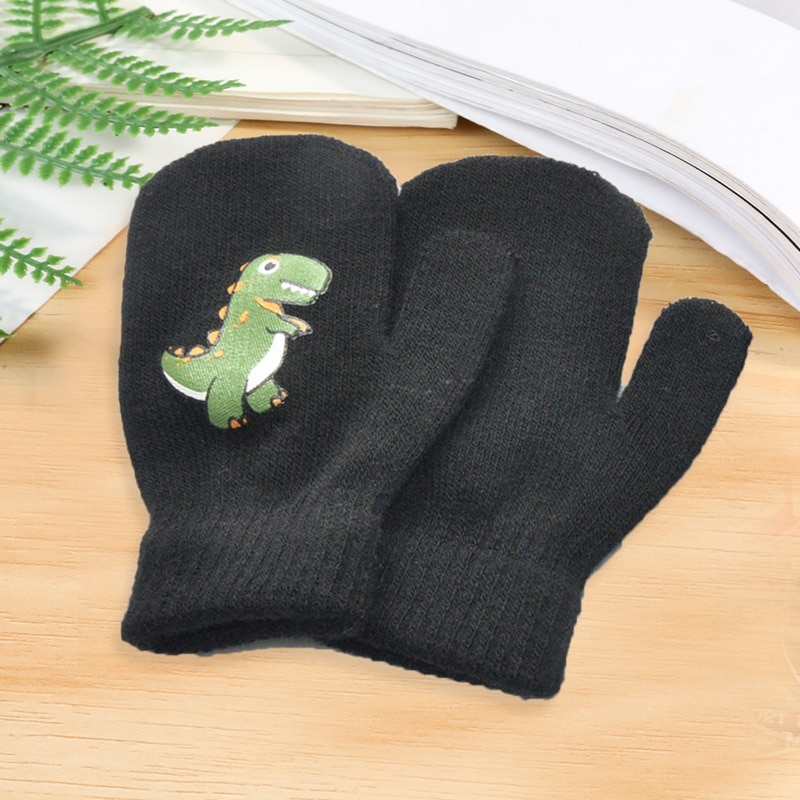 Cute Cartoon Dinosaur Pattern Gloves For Children Toddler Winter Warmth and Velvet Thick Knitted Gloves Kids Outdoor Mittens