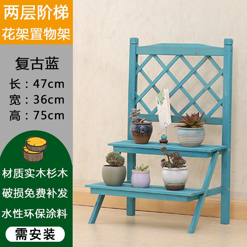 Multi Schichten fest Holz Pflanze Stand Mediterranean Jahrgang Pflanze Regal Pult Blume Gestell Blume Stand Garten Stand Lager Gestell: 2-Schicht Blau B