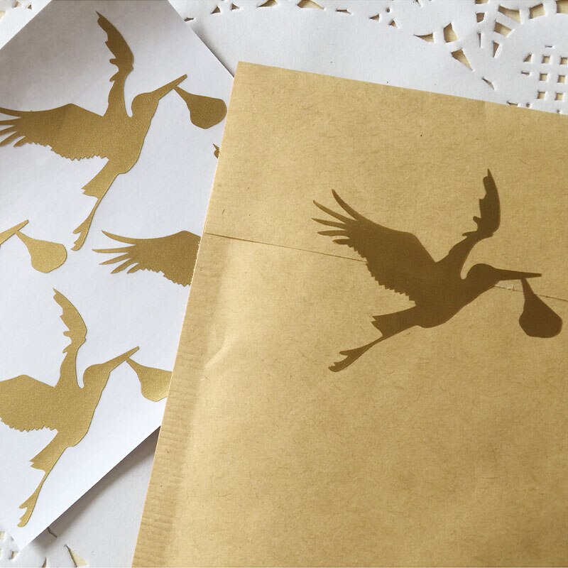 20 Stork stickers/Baby Shower invitation seals/baby shower favors, birth announcement decoration/gold envelope seal/stork decals
