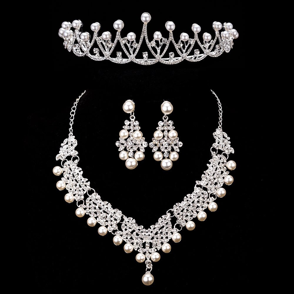 Ensemble de bijoux de fantaisie en cristal pour mariée, perles, collier ras du cou, boucles d'oreilles diadème, ensemble de bijoux de mariée pour femmes,: 3PCS Set Pearl 6