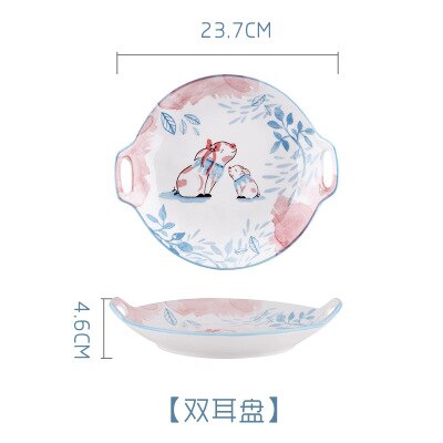 Criativo dos desenhos animados bonito prato de café da manhã cerâmica pratos de carne porcelana sobremesa prato frutas lanche prato simples animal tigela colher: Round Handle Plate