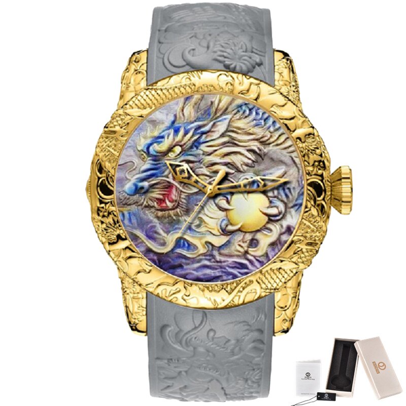 Reloj de cuarzo con escultura de dragón 3D para hombre, cronógrafo de oro negro, resistente al agua, esfera grande, , de pulsera, grabado en 3D: BOX SET 2