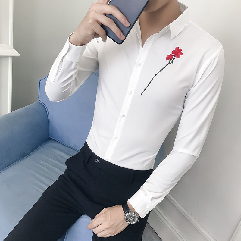 Camisa coreana para hombre, de primavera, ajustada, con bordado, informal, de manga larga, para caballeros, blusas sociales.