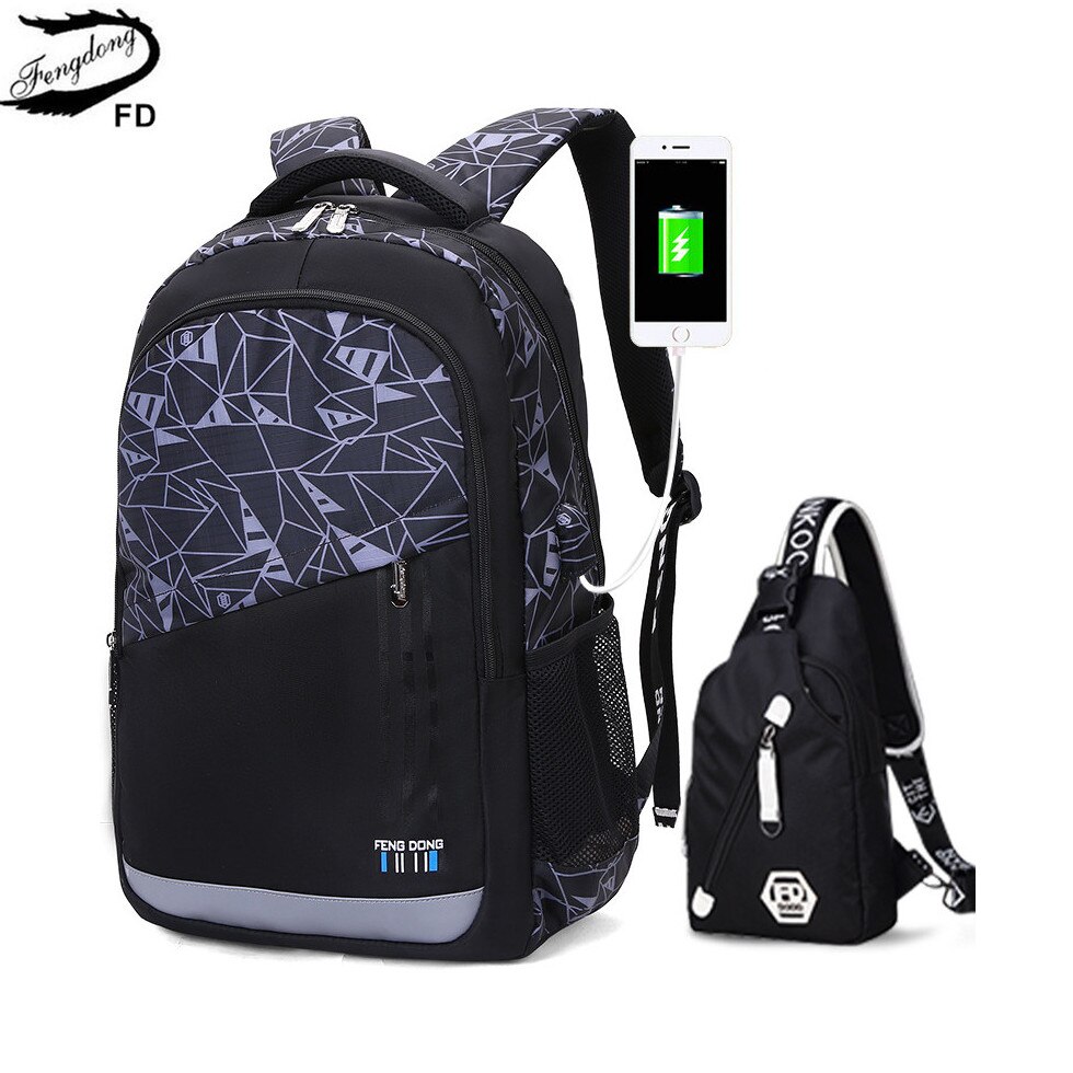 Fengdong High School Rugzak Voor Jongen Grote Capaciteit Boek Tas Sling Borst Bag Set Mannelijke Grote Rugzak Met Reflecterende strip