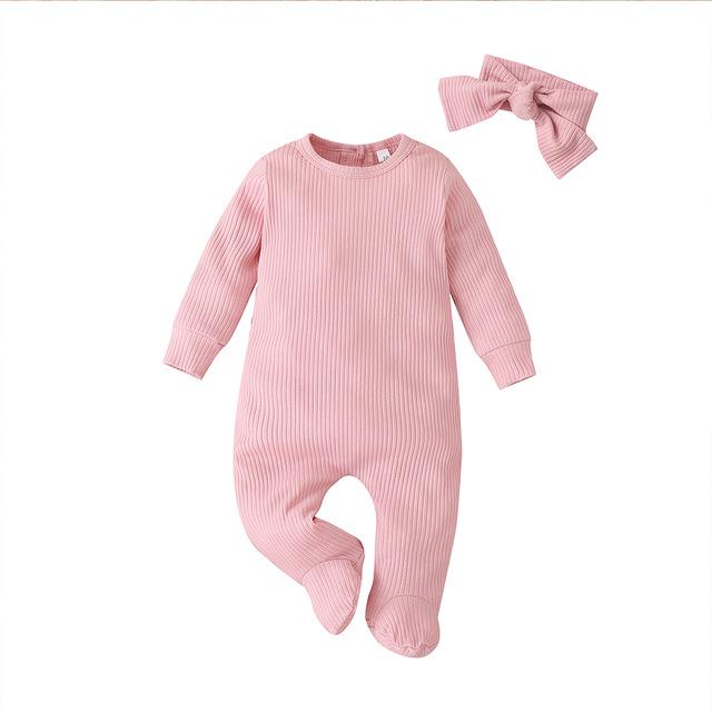 0-12M Alle Seizoenen Outfits Baby Meisjes Jongens Betaalde Jumpsuits Geribbelde Footies Leuke Verstoorde Lange Mouwen Solid Knit een Stuk Pyjama: Roze / 12m