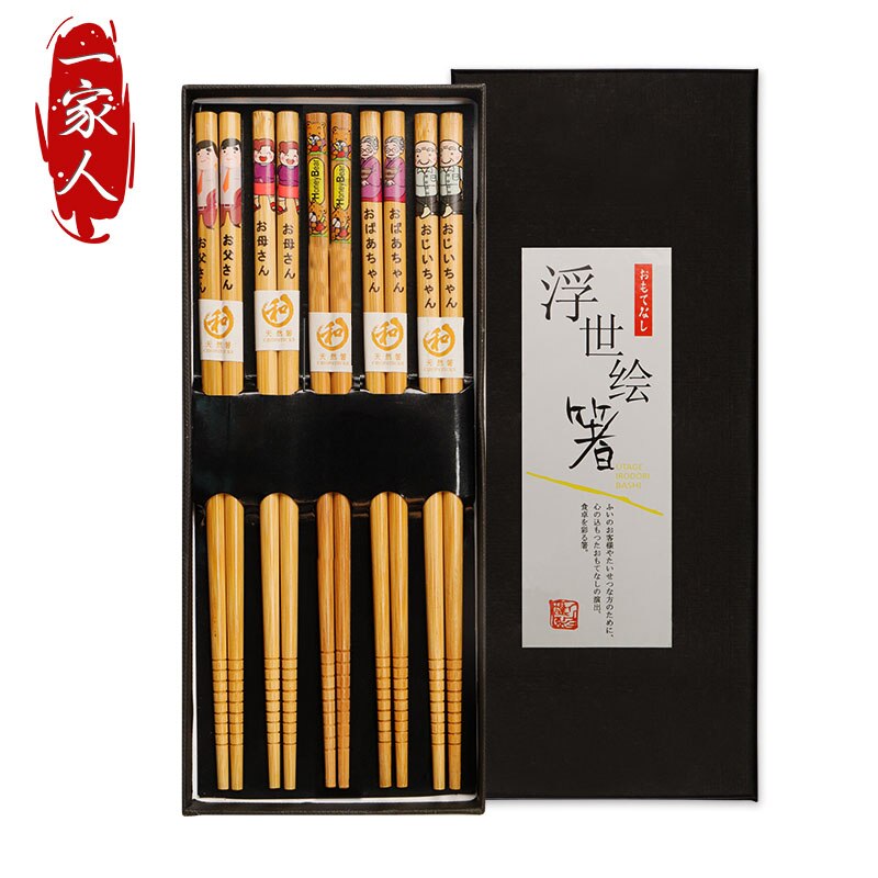 5 pairs/Set Reusable Lucky Cat Natural Bamboo Ecological Chopsticks Handmade Wood Wooden Chopstick Set Chopsticks Boxs: F 1set