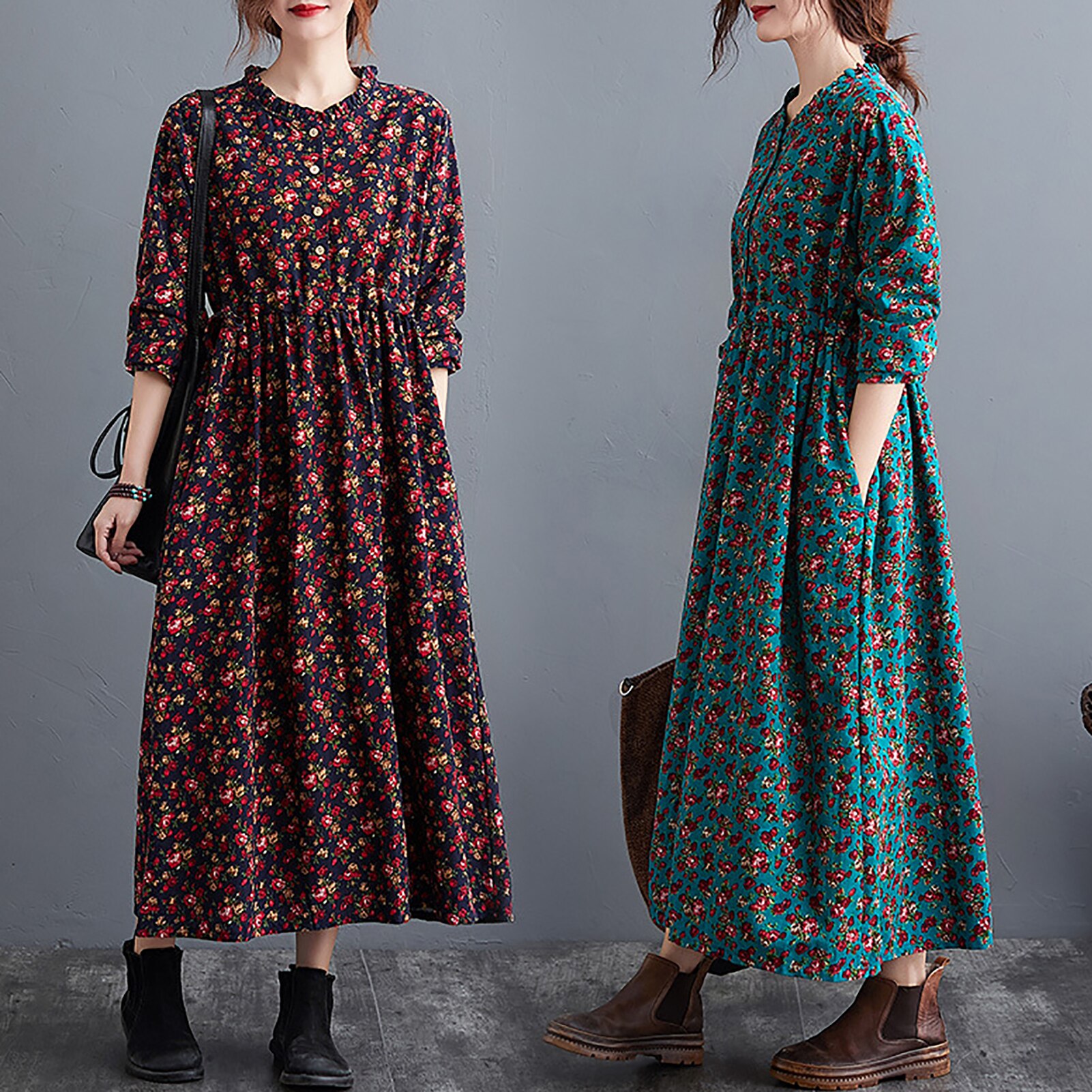 Vintage imprimé fleuri femmes robe coton lin plissé O cou taille cordon à manches longues poche latérale robes décontractées en vrac
