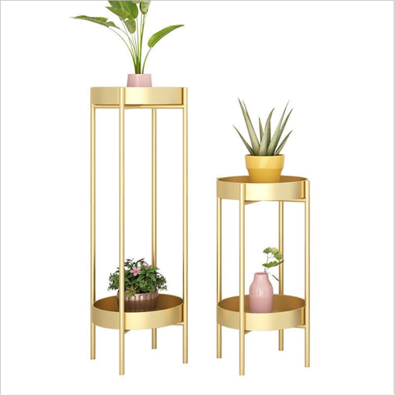 Nordic Metal Plant Stand 2-tire Gold Flower Metal Stand Office Home Iron Plant Stand White Metal Garden Decors Metal Shelves: Height 60cm / gold