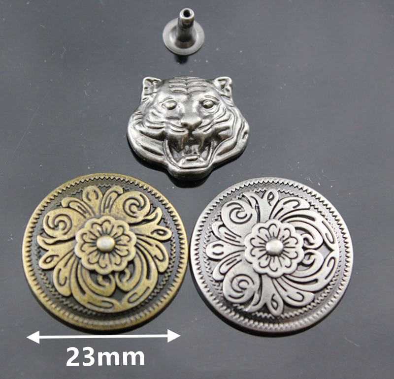 Legering embosed Carving bloemen ronde shield Tiger Rivet met stud voor tas, hoed, schoen, kleding, jeans decoratie diy ambachtelijke accessoire