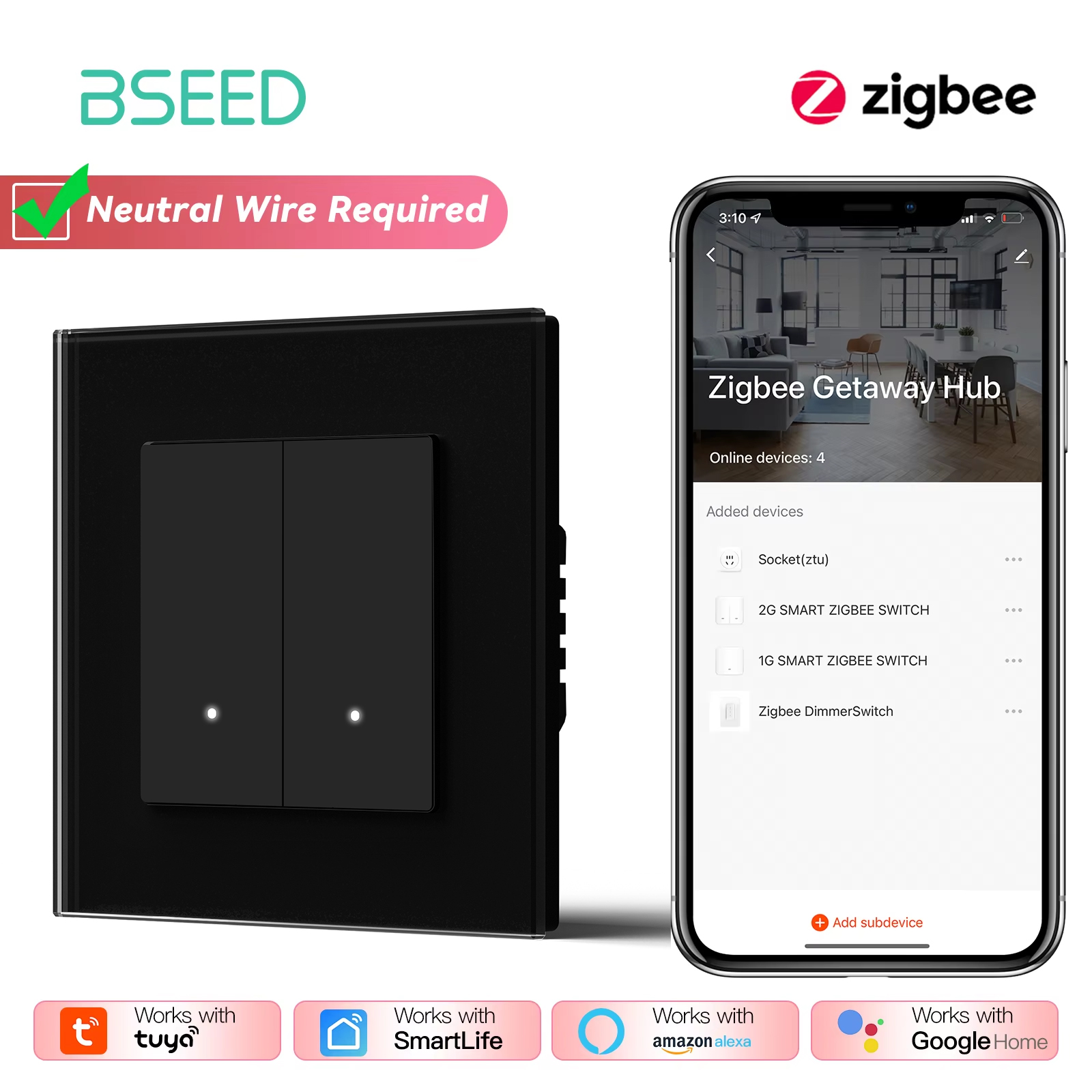 BSEED Zigbee przełączniki klikowe seria 1/2/3/4banda inteligentne przełączniki światła naścienne żółte podświetlenie szklana ramka Tuya APP UE przełączniki schodowe: czarny