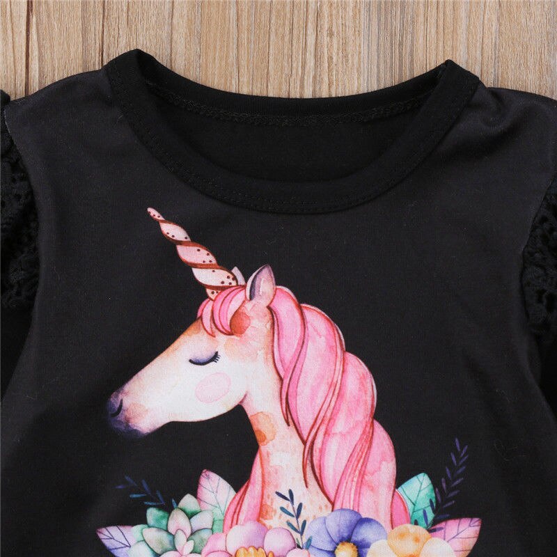 Neugeborenes Baby Mädchen Langarm Rüschen Einhorn Bodysuitoverall Nette Kleidung Kräuseln Outfits