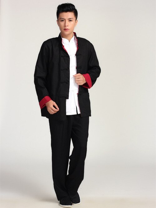 Style chinois Tang costume haut Vintage lin deux veste latérale pour hommes uniformes d'arts martiaux