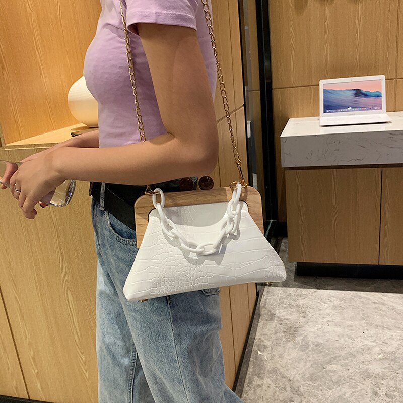 Simple Retro PU Soft Leather Clip Bag Alligator Shell Bags Chic Mini Shoulder Evening Clutch Purse Handbags Lady Chain Tote Bag