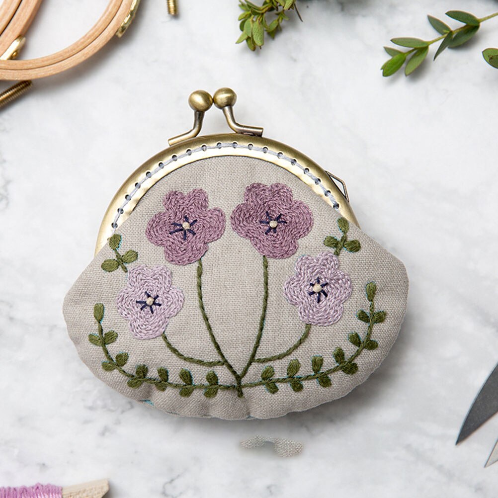 1 Set Handmade Embroidery Starter Kit Kiss Clasp Lock Coin Purse Clutch Bag DIY Embroidery Tools Kit Wool Needle Accessories Kit