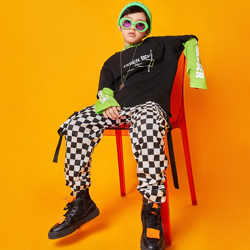 Black Jazz Dance Costumes For Boys Street Dance Performance Clothing Practice Clothes Kids Stitching Hip Hop Rave Outfit DC2957