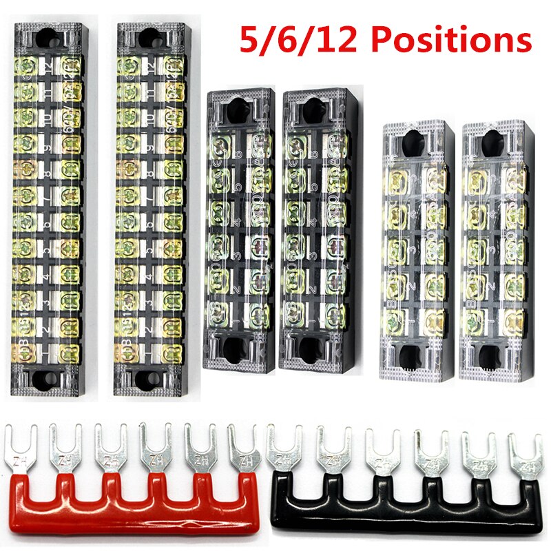 600V 15A 5/6/12 Positions Screw Barrier Terminal Block Dual Rows Wire Barrier Block Terminal Strip Power Distribution Terminal