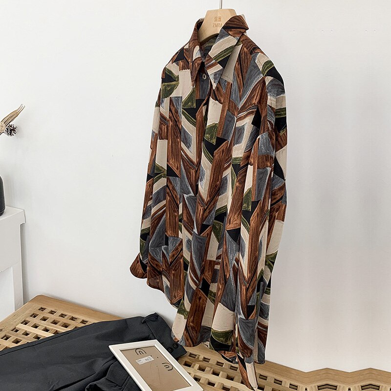 Kesäinen geometrinen printti paitapusero naisten rento käännettävä kaulus kokohihainen sifonkipaita crriflz: Kahvia