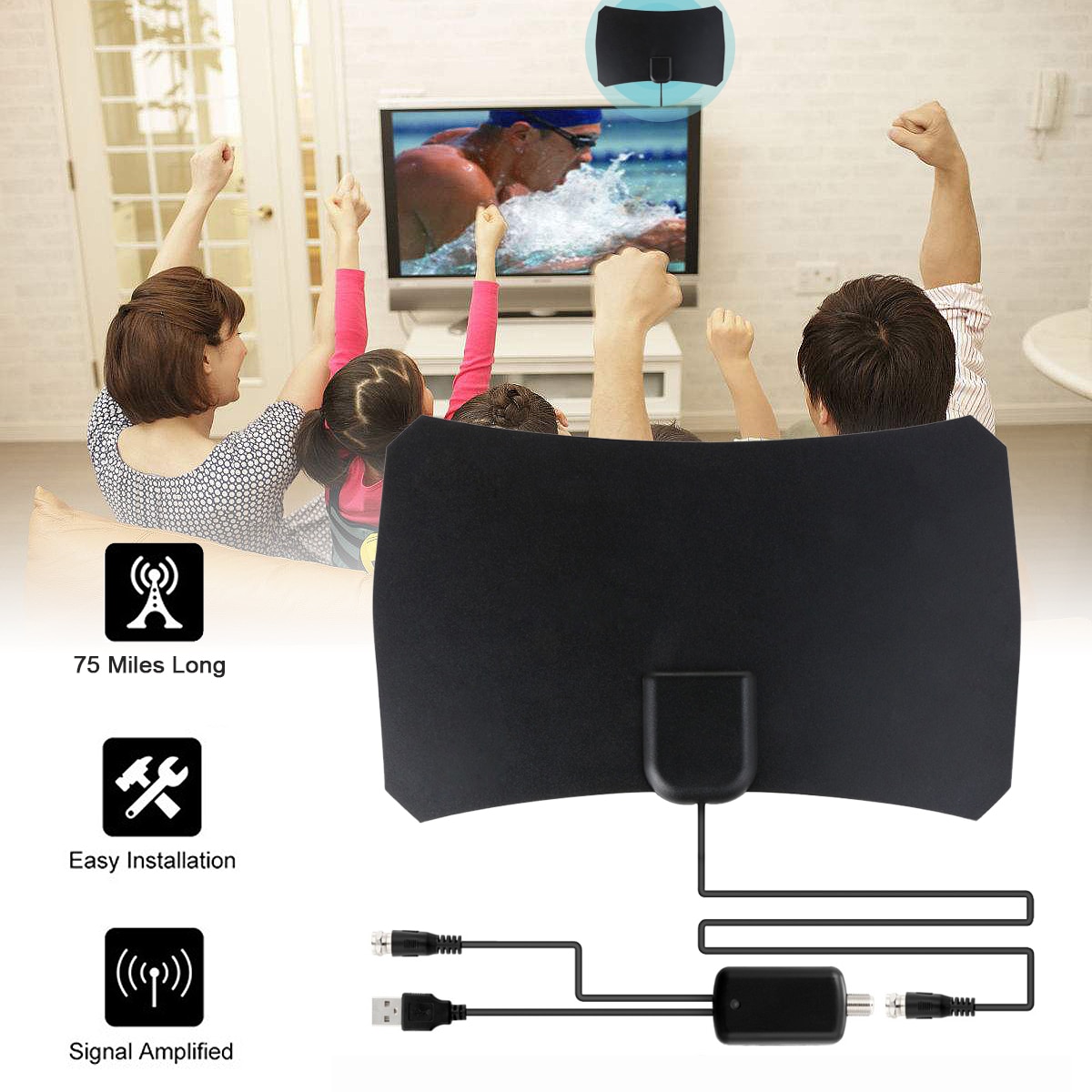 75 Miglia antena Antenna HDTV Digitale Indoor con 2in 1 USB + TV Amplificatore Del Segnale Del Ripetitore Adattatore di Alimentazione