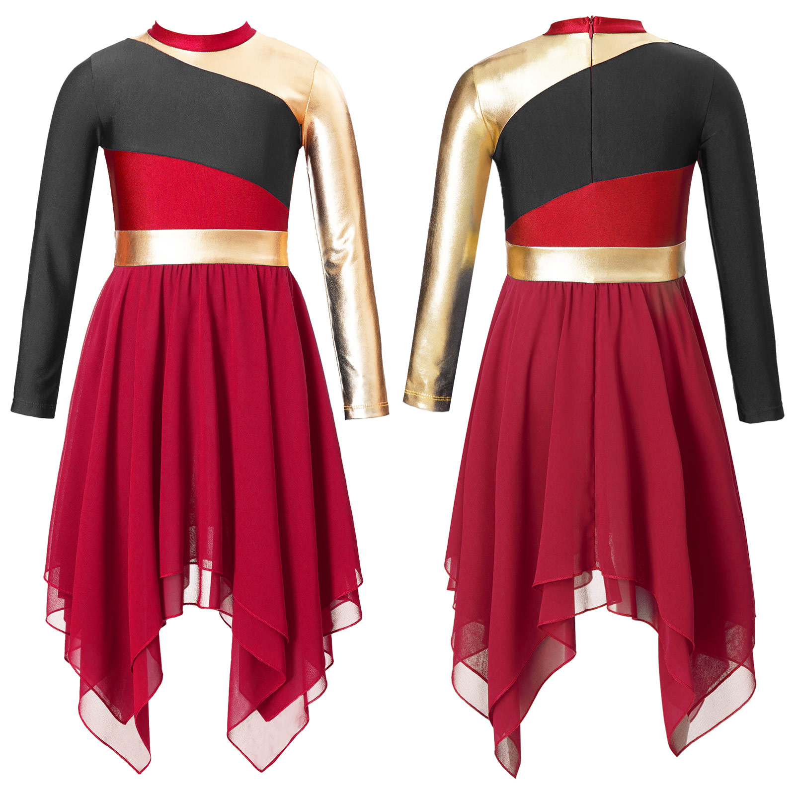 Kids Girls Praise Lyrical Dance Dress Ballroom Dancing Church Choir Worship Costume Long Sleeve Contrast Chiffon Dress Dancewear: XL / black