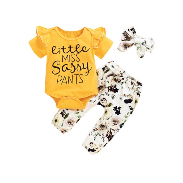 Baby zomer 3 -delige set babymeisjes jongens letter bloemen ruches korte mouwen romper top + broek + hoofdband