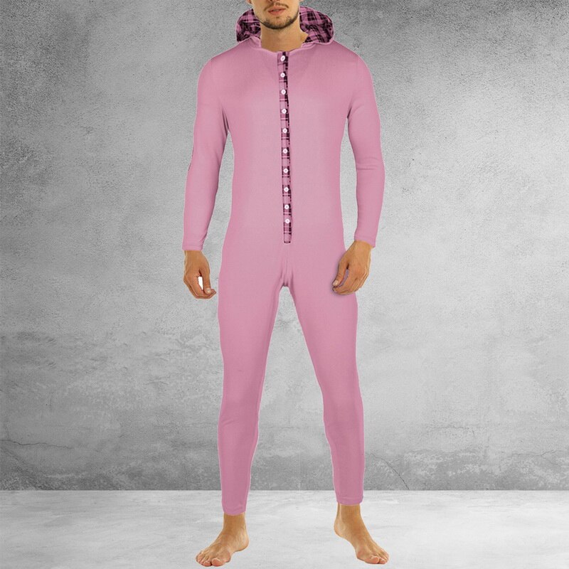 Sexy Mannen Bodycon Romper Jumpsuit Nachtkleding Homewear Lange Mouw Konijnenoren Hooded Button Kraag Lange Broek Open Hip pyjama: Roze / S