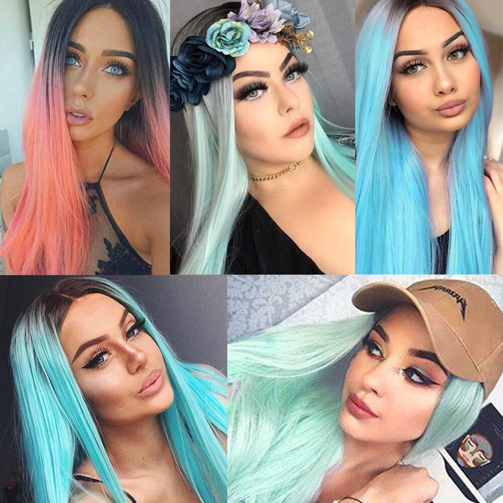 Ombre Straight Blue Wig Middle Part Short Bob Synthetic Hair 14&quot; Shoulder Length With Dark Roots Cosplay Costume Wigs For Women