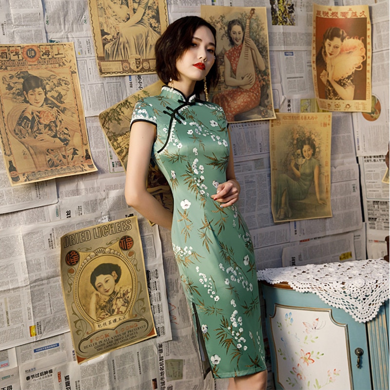 Robes élégantes et Banquet du genou chinois Qiapo soie vert vêtements de soirée femme Vestido chine moderne Qipao robe Shanghai