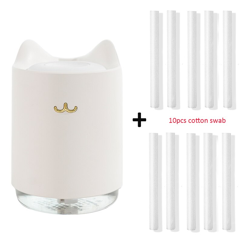 Ultrasone Luchtbevochtiger 320 Ml Mini Kat Usb Aroma Diffuser Met Romantische Nachtlampje Hydratatie Voor Home Office Auto Air purifier: White and 10 filters