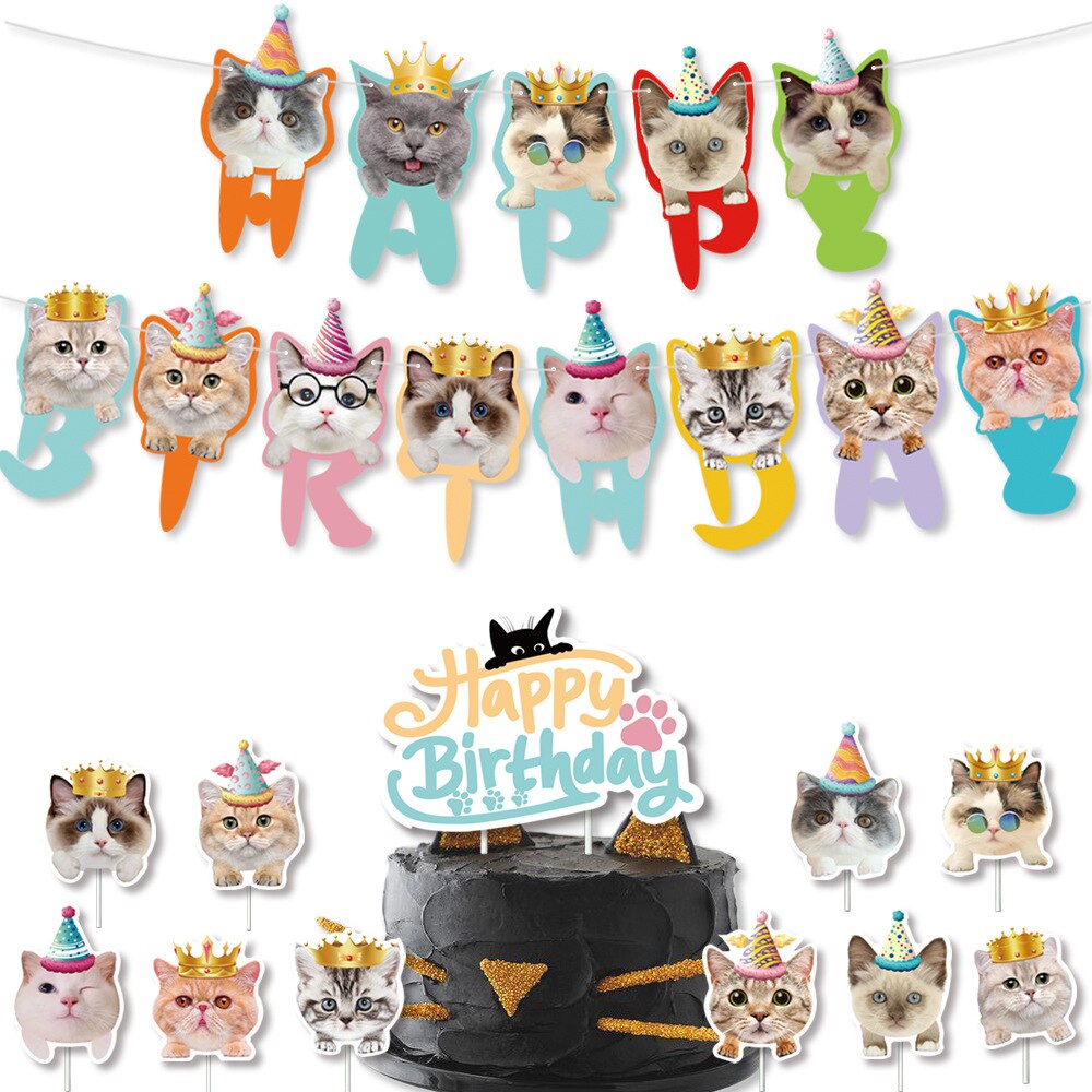 Meow cat balloons Birthday Party Decoration pet theme party balloons banner cake topper birthday festive party supplies: cake topper banner