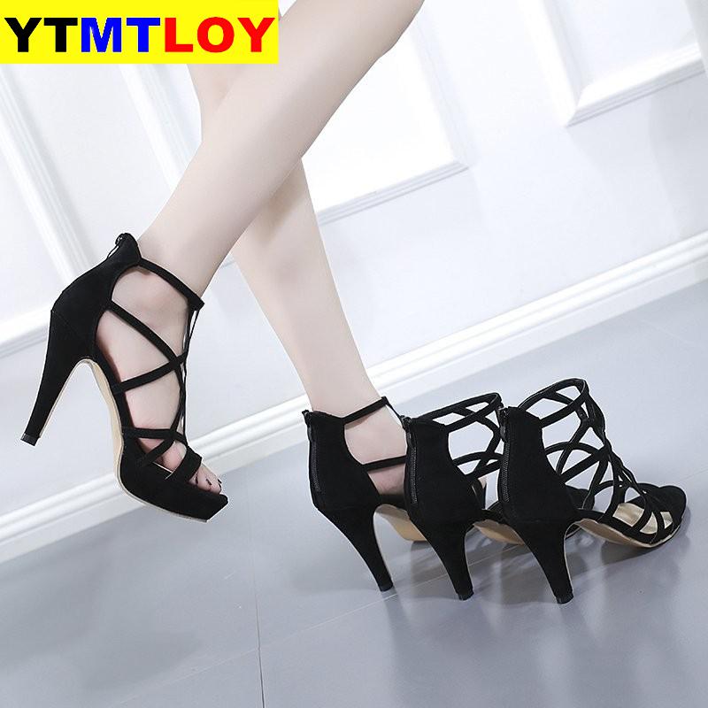 Sandale femmes été talon haut Cool bottes daim évidé Style romain Sexy sandales à talons hauts Stripper chaussures