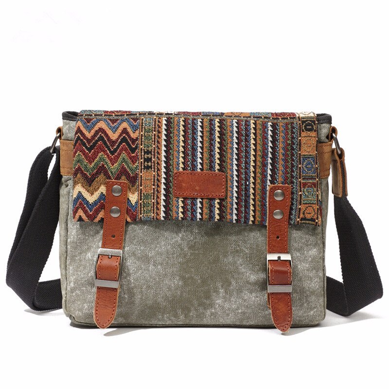 Vintage etnisk lærred messenger taske kvinder kinesisk stil skuldertaske kvindelig afslappet national taske mujer broderi crossbody taske: Militærgrøn