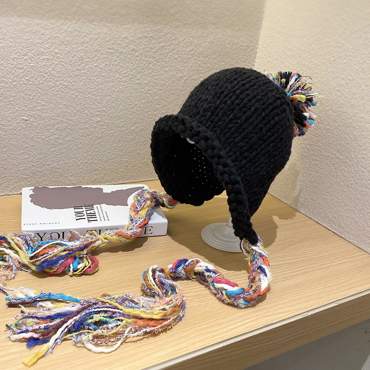 Mütze Männer Frauen bunte Quaste Twist flechten Hütte Herbst Winter warme Gehörschutz kappen Studenten vielseitige einstellen Kopf gestrickt: Schwarz